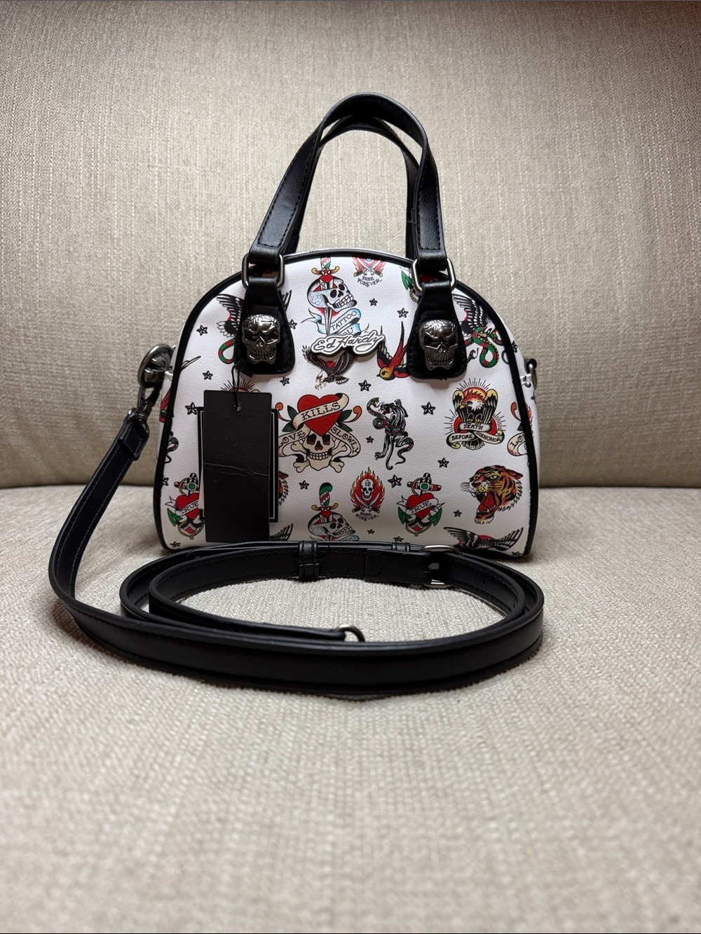 Ed Hardy White Tattoo-Print Bowler Bag with Black Trim